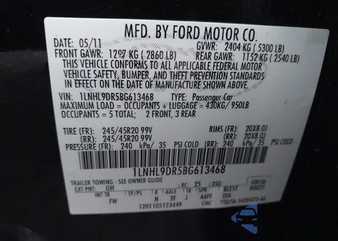 2011 Lincoln Mks z USA, uszkodzony, nr VIN 1LNHL9DR5BG613468